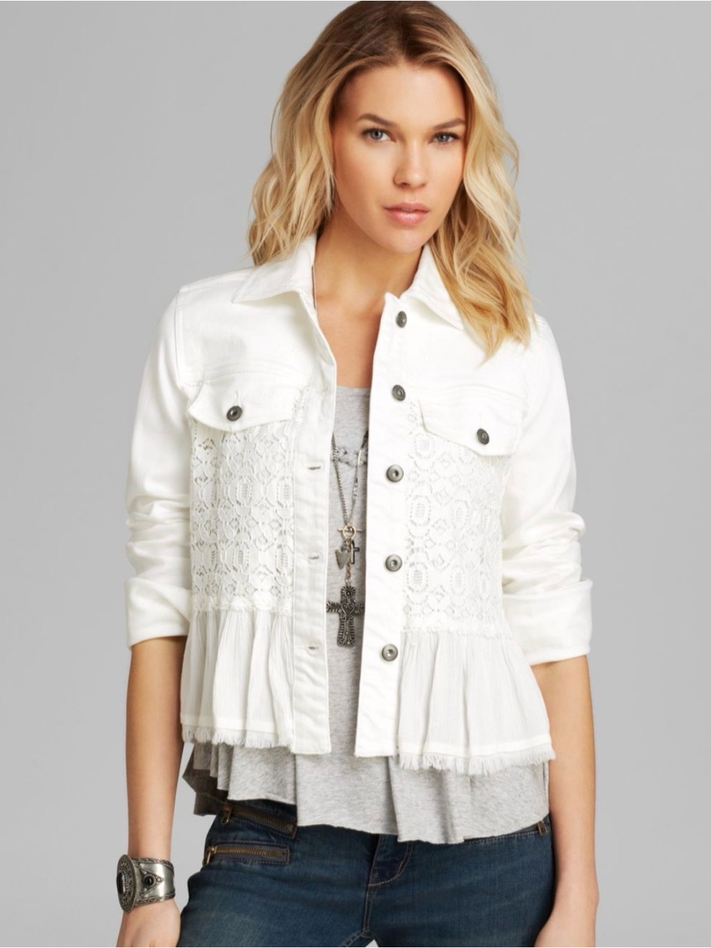 Free People Cream Lace Peplum Jean Jacket